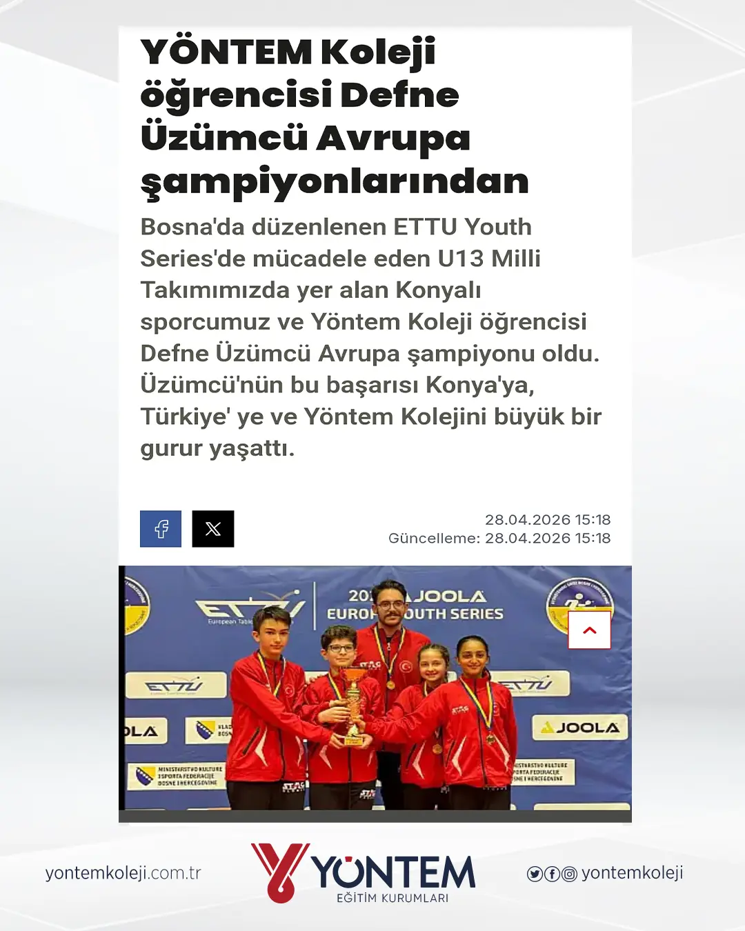 Yöntem Koleji öğrencisi Defne Üzümcü Avrupa şampiyonlarından
