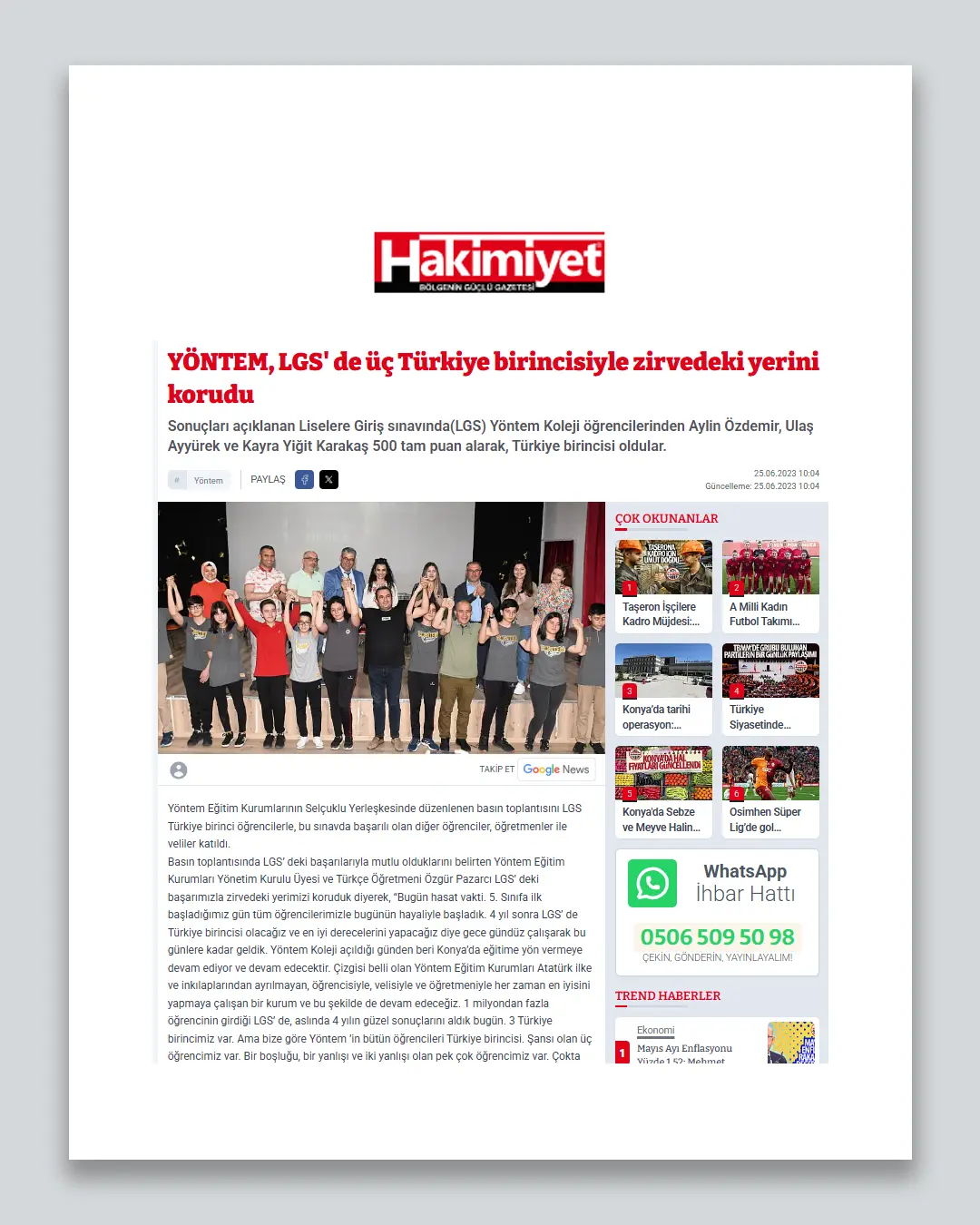 YÖNTEM, LGS' de üç Türkiye birincisiyle zirvedeki yerini korudu