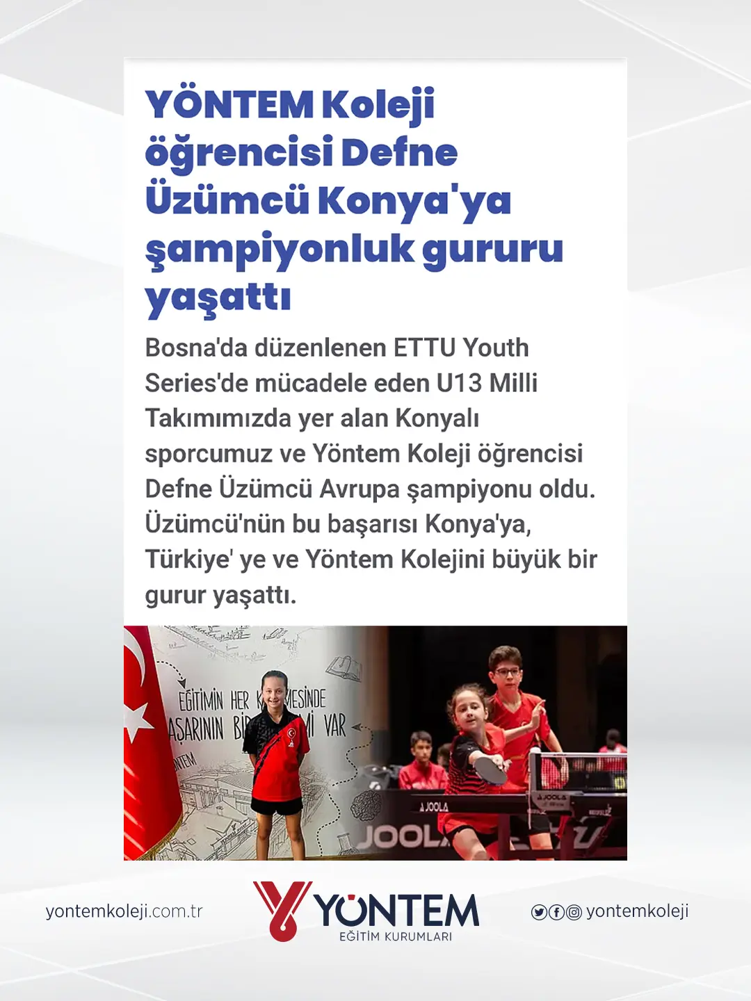 Yöntem Koleji öğrencisi Defne Üzümcü Konya'ya şampiyonluk gururu yaşattı