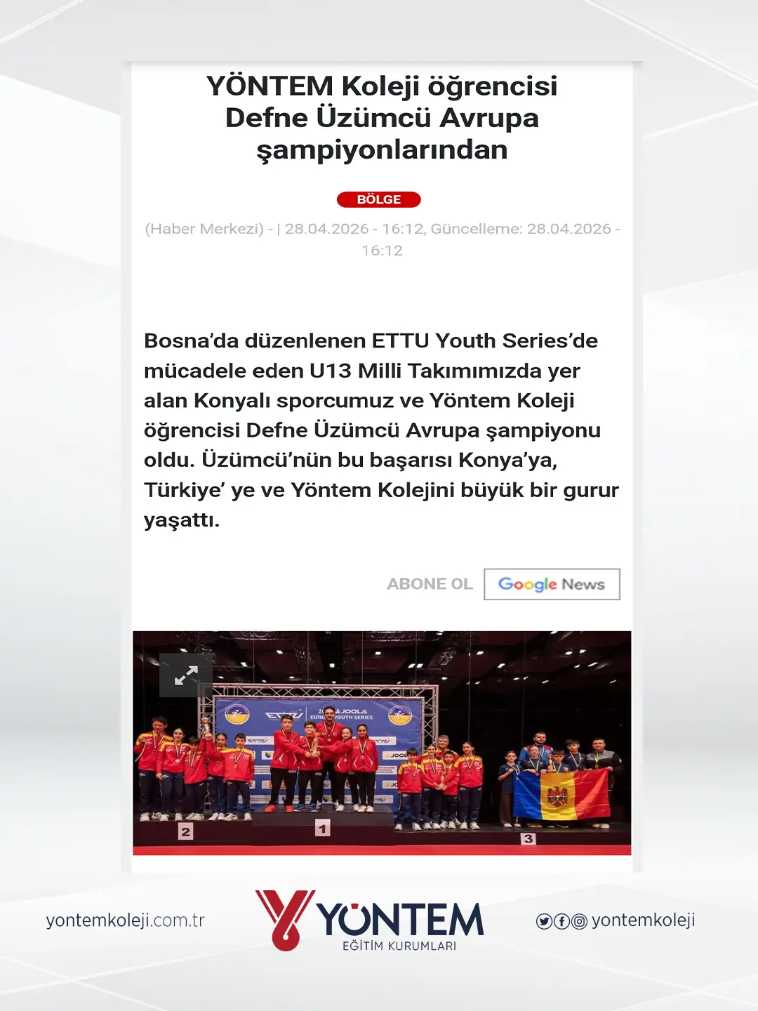 Yöntem Koleji öğrencisi Defne Üzümcü Avrupa şampiyonlarından