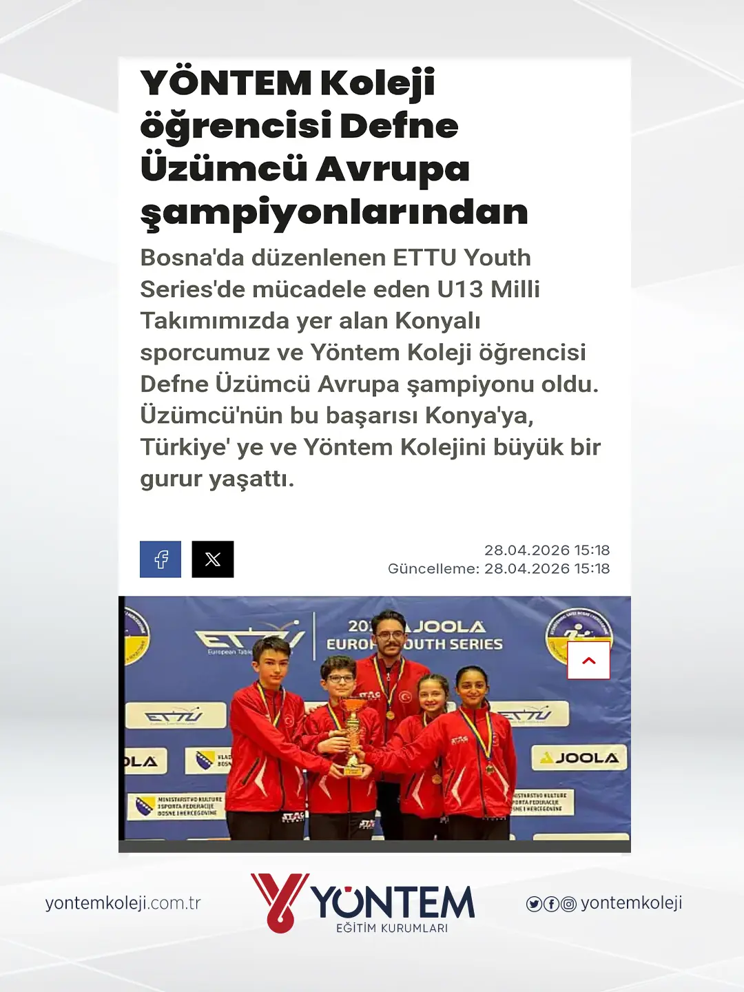 Yöntem Koleji öğrencisi Defne Üzümcü Avrupa şampiyonlarından