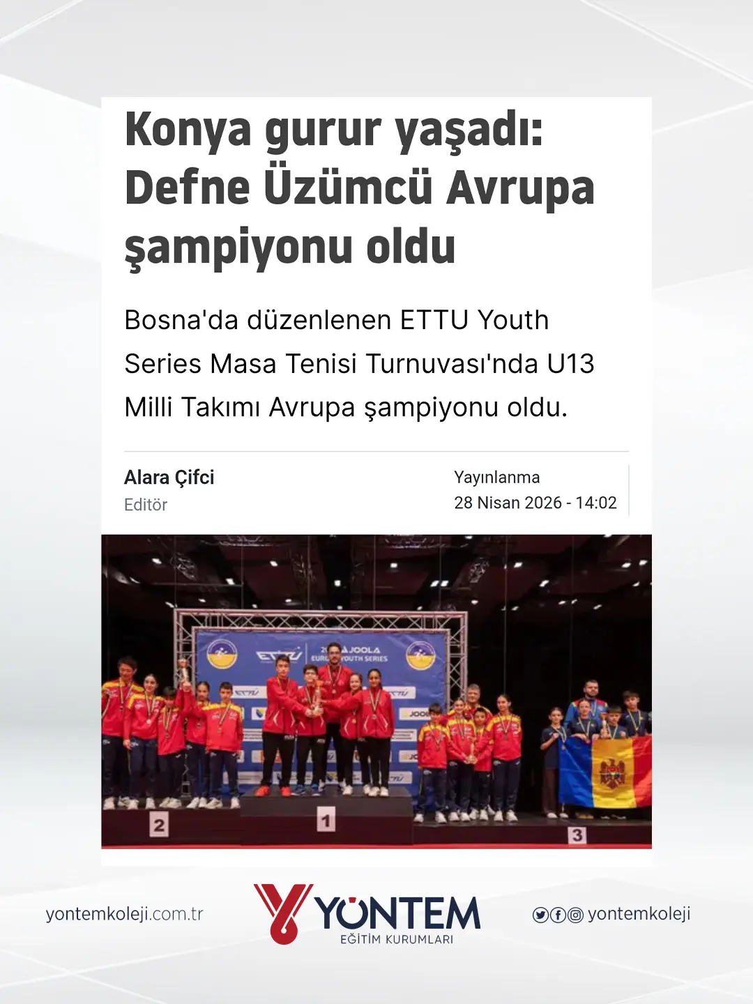 Konya gurur yaşadı: Yöntem Koleji öğrencisi Defne Üzümcü Avrupa şampiyonu oldu