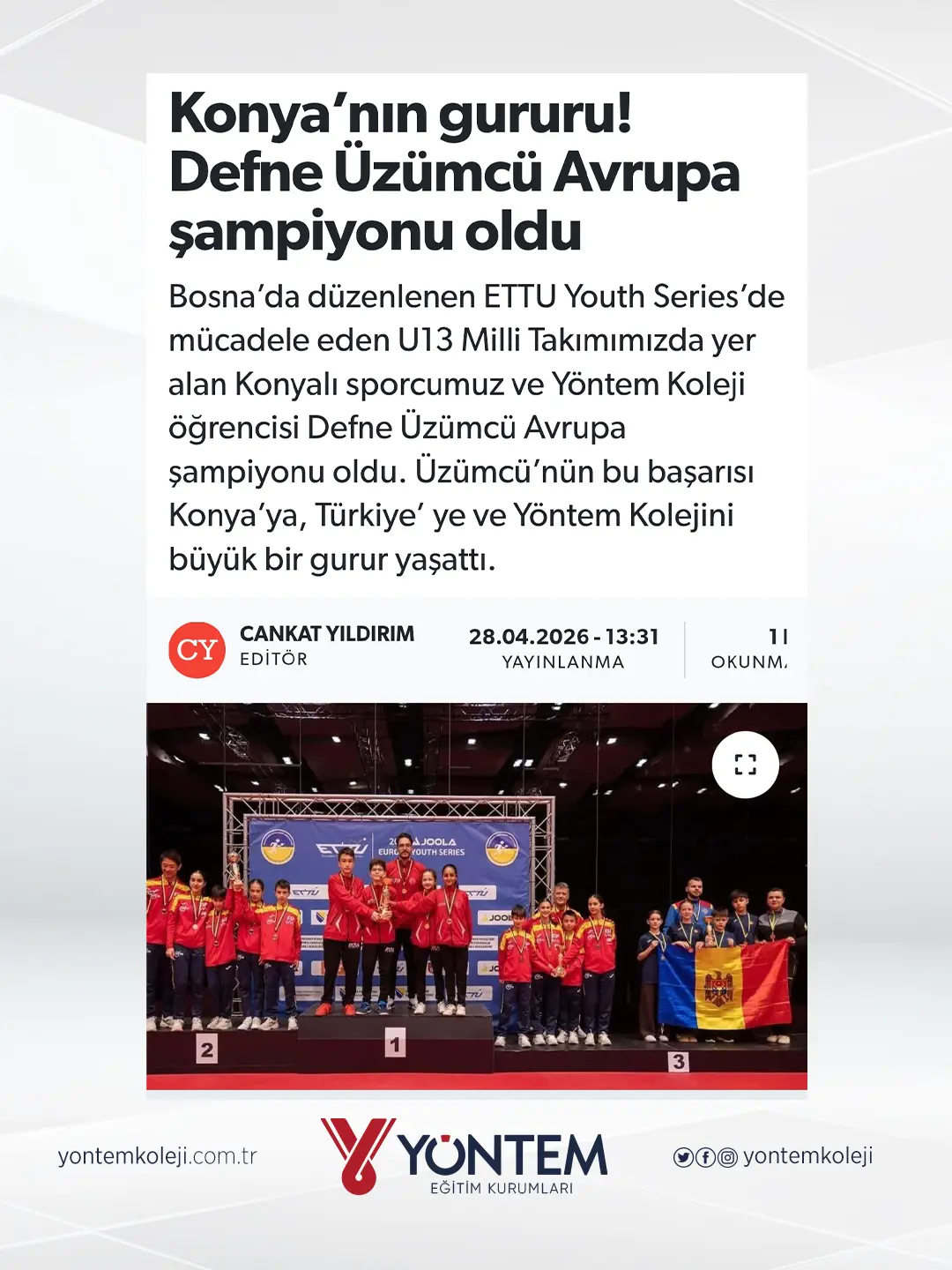 Konya’nın gururu! Yöntem Koleji Öğrencisi Defne Üzümcü Avrupa şampiyonu oldu