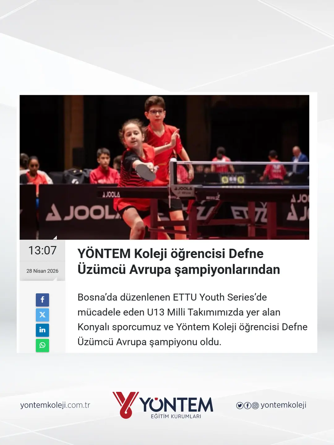 Yöntem Koleji öğrencisi Defne Üzümcü Avrupa şampiyonlarından