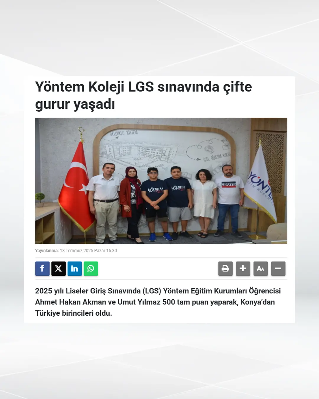 Yöntem Koleji LGS sınavında çifte gurur yaşadı