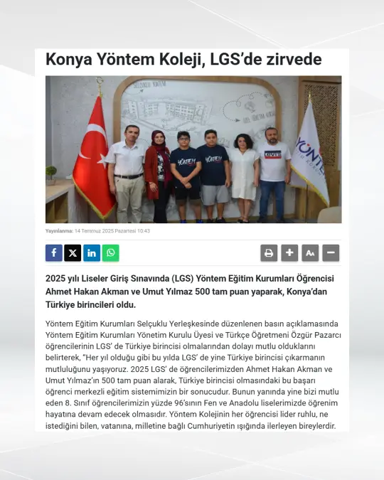 Yöntem Koleji Lgs'de Zirvede
