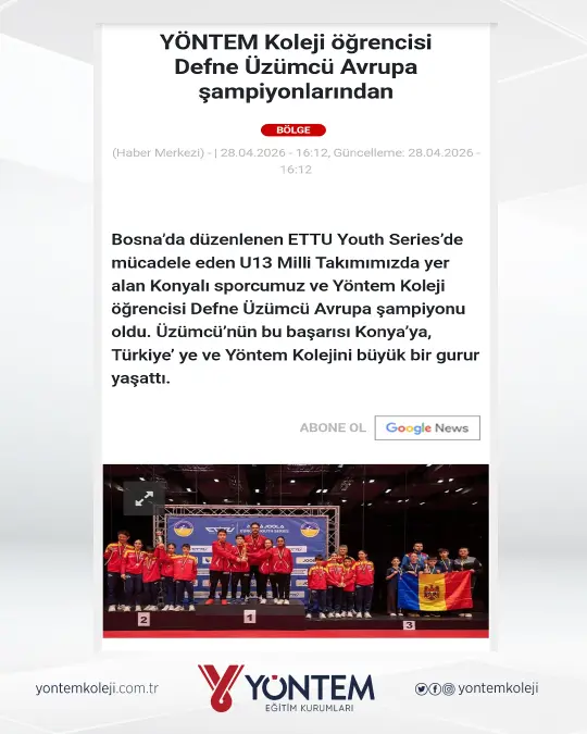 Yöntem Koleji öğrencisi Defne Üzümcü Avrupa şampiyonlarından