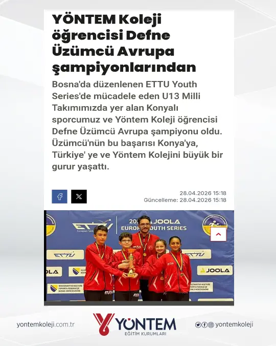 Yöntem Koleji öğrencisi Defne Üzümcü Avrupa şampiyonlarından