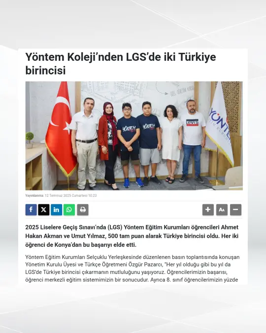 Yöntem Koleji’nden LGS’de iki Türkiye birincisi