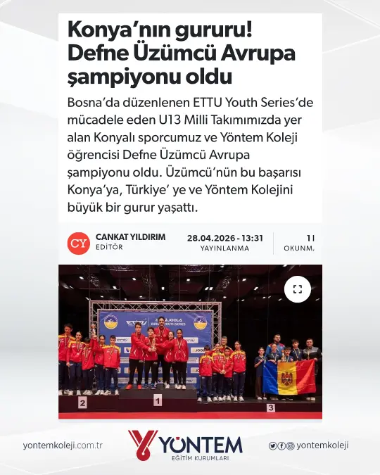 Konya’nın gururu! Yöntem Koleji Öğrencisi Defne Üzümcü Avrupa şampiyonu oldu