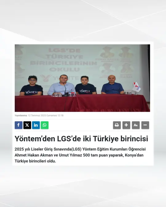 Yöntem’den LGS’de iki Türkiye birincisi